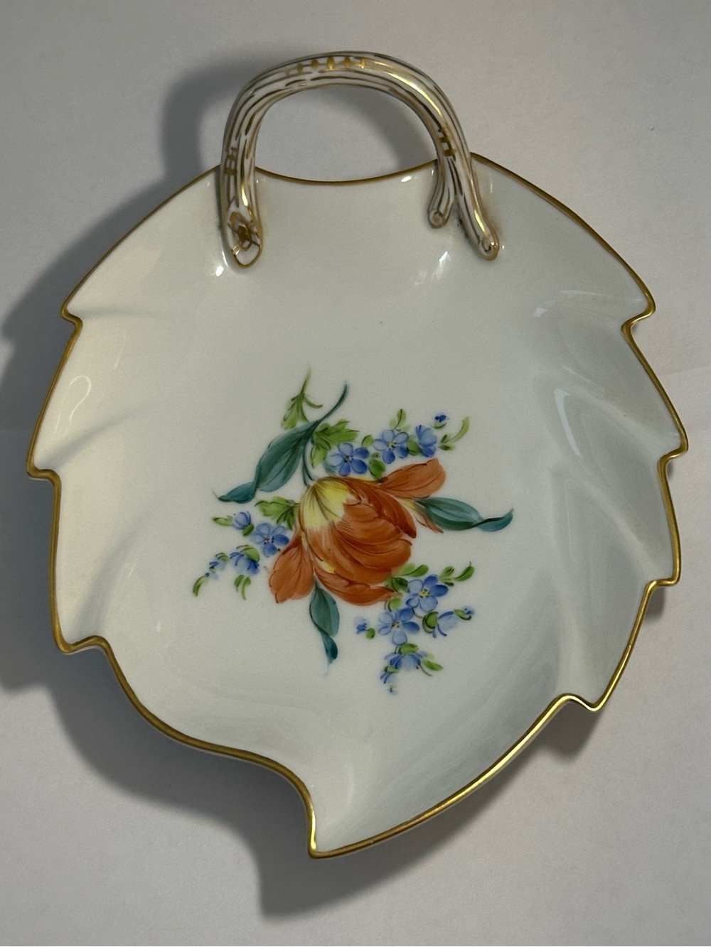 Carl Thieme Dresden Porcelain Leaf Shaped Trinket Dish Gold Gilded Rim Floral